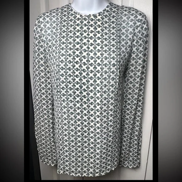 TORY BURCH Chain Print Silk Blouse English Green Long Sleeve Pleated Top 2 - Picture 2 of 10